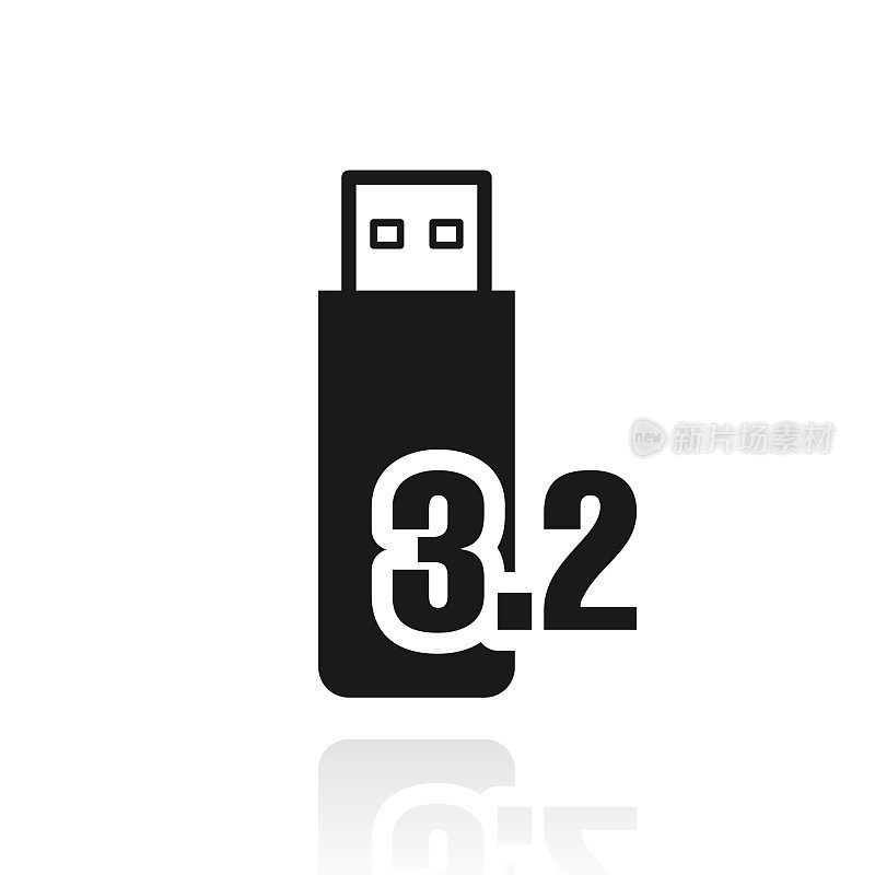 USB 3.2闪存盘。白色背景上反射的图标